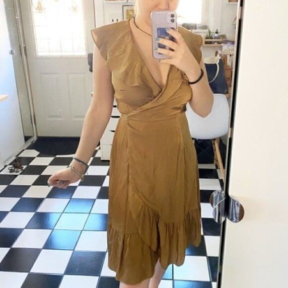 FRNCH olive green ruffle wrap midi dress  M/L NWT - Picture 1 of 9